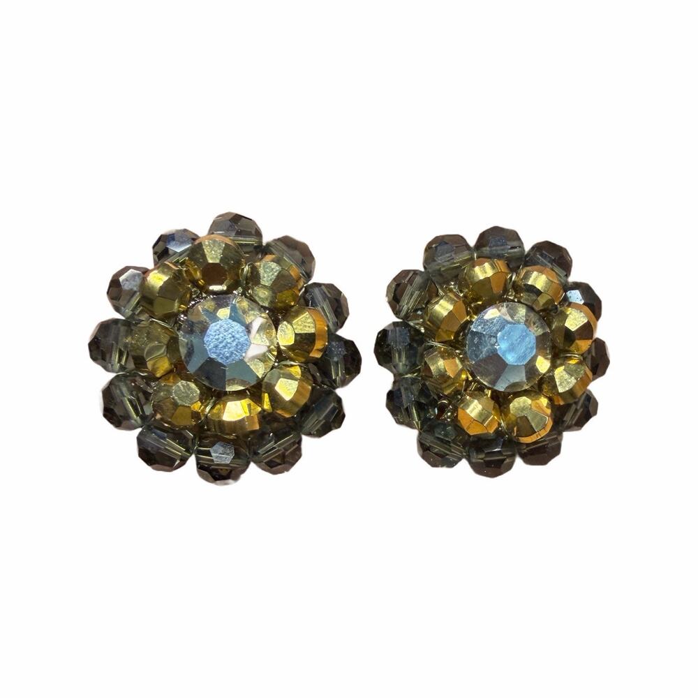 VINTAGE SIGNED VENDOME SILVER & GOLD FACETED CRYSTAL BEAD CLIP ON EARRINGS